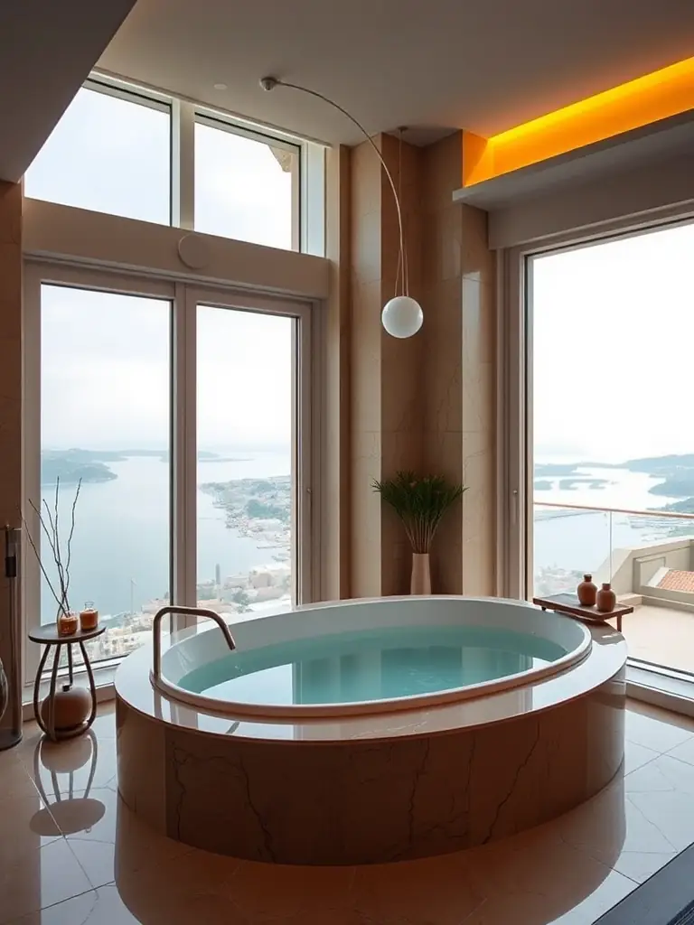 A luxurious penthouse apartment in Dubrovnik with a private jacuzzi, a panoramic view of the city, and a spa-like bathroom with aromatherapy diffusers.