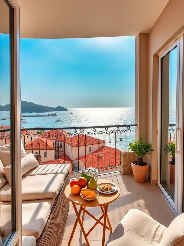 A spacious one-bedroom apartment in Dubrovnik featuring a balcony with stunning sea views, a comfortable seating area, and healthy snacks on the table.