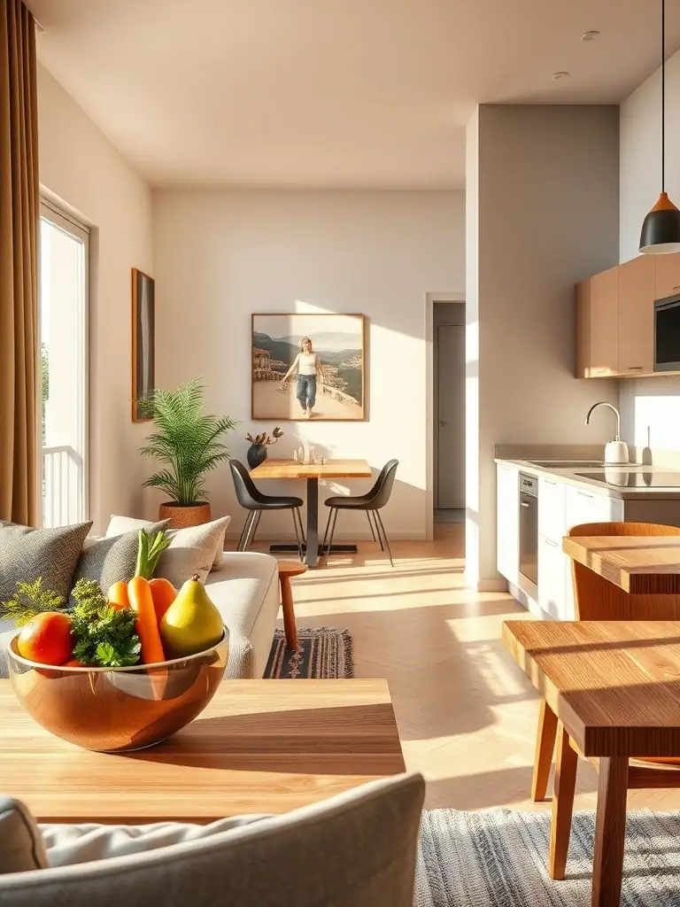 A modern two-bedroom apartment in Dubrovnik with a fully equipped kitchen, a dining area with organic fruits and vegetables, and a cozy living room.