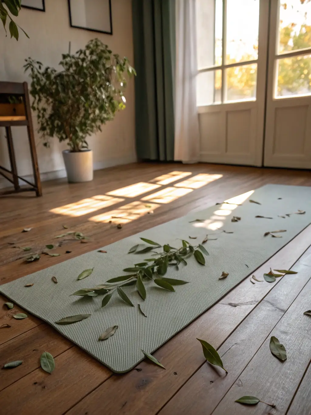 A bright and airy studio apartment in Dubrovnik with a yoga mat and meditation cushion visible, sunlight streaming through the window, creating a peaceful atmosphere.