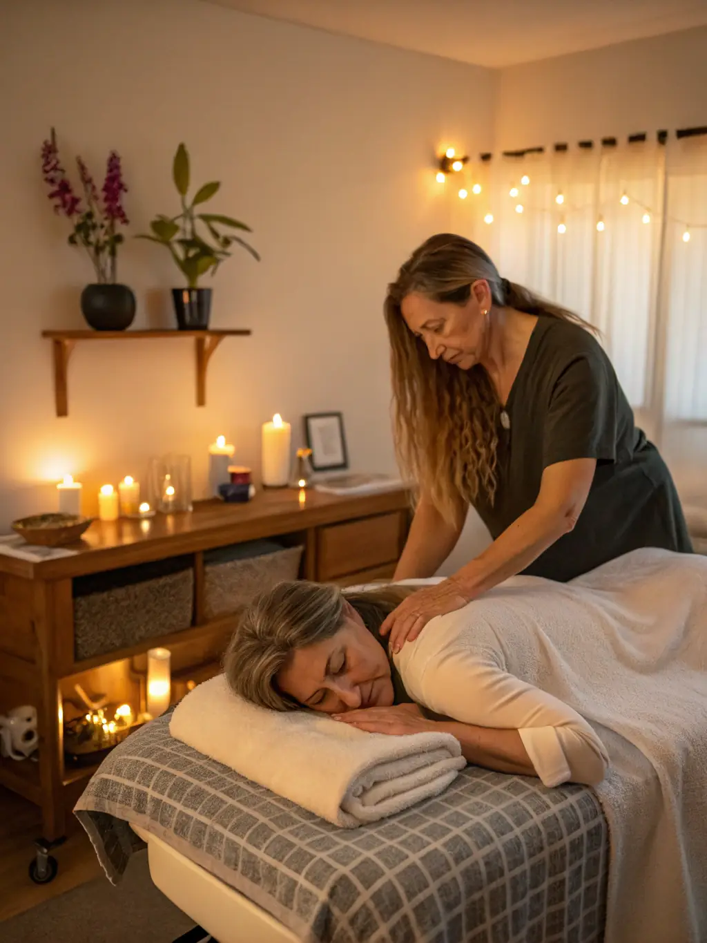 A tranquil image of a person receiving a relaxing massage in a dimly lit spa room, with soft music playing in the background.