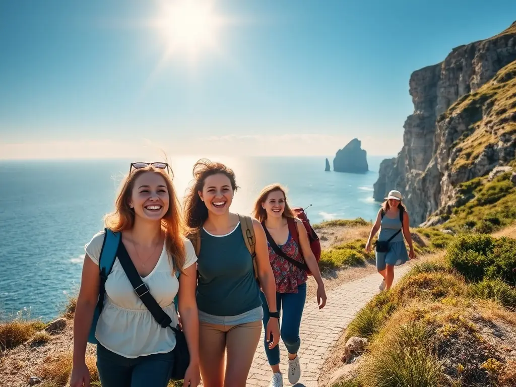 A scenic image of a group enjoying a healthy walk along the coast of Dubrovnik, with stunning views of the sea and surrounding landscape, promoting physical activity and connection with nature.