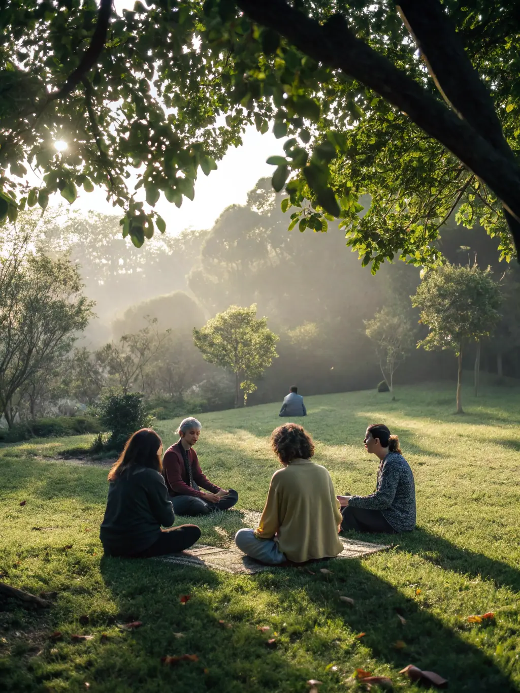 A group of people meditating outdoors in a peaceful garden setting, with a focus on mindfulness and inner peace.