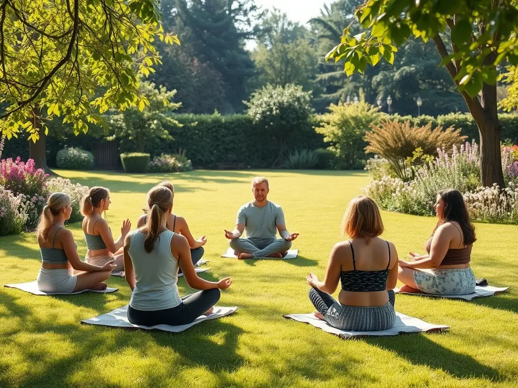 A calming image of a group meditating in a tranquil garden setting, with soft sunlight filtering through the trees, promoting relaxation and mental clarity.